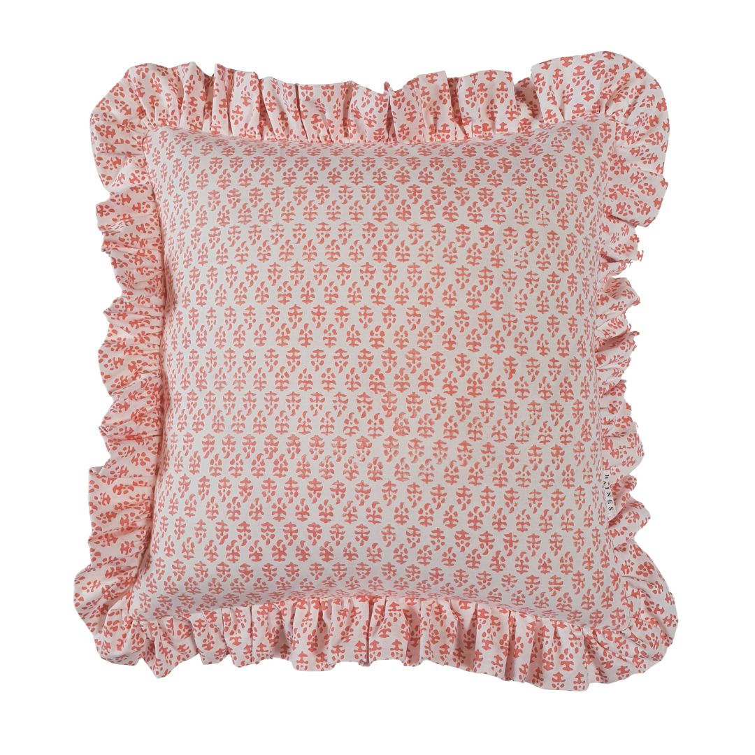 Coral Block Print Frilled Cushion Haines Collection, Cushions